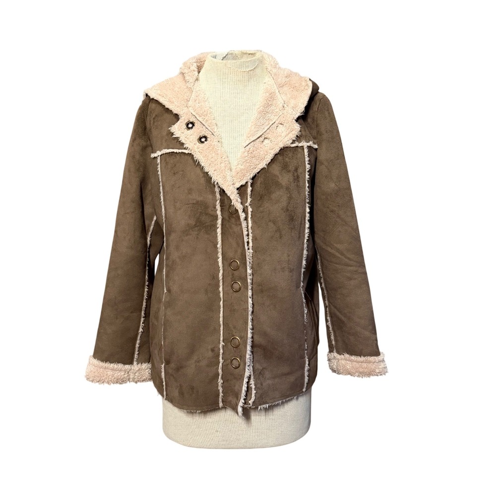 Mifresia Brown Faux Suede Shearling Jacket Hooded Coat Afghan Y2K Penny Lane L